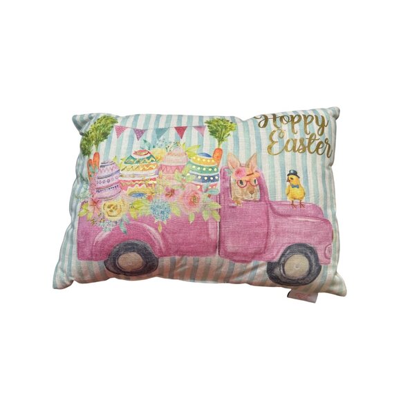 Hoppy Easter Bunny Chick Throw Pillow Pink Truck Floral Eggs Striped 18.5" x 13" - Picture 1 of 6